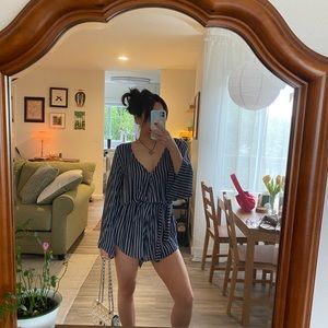 Anthropologie flowy striped navy romper